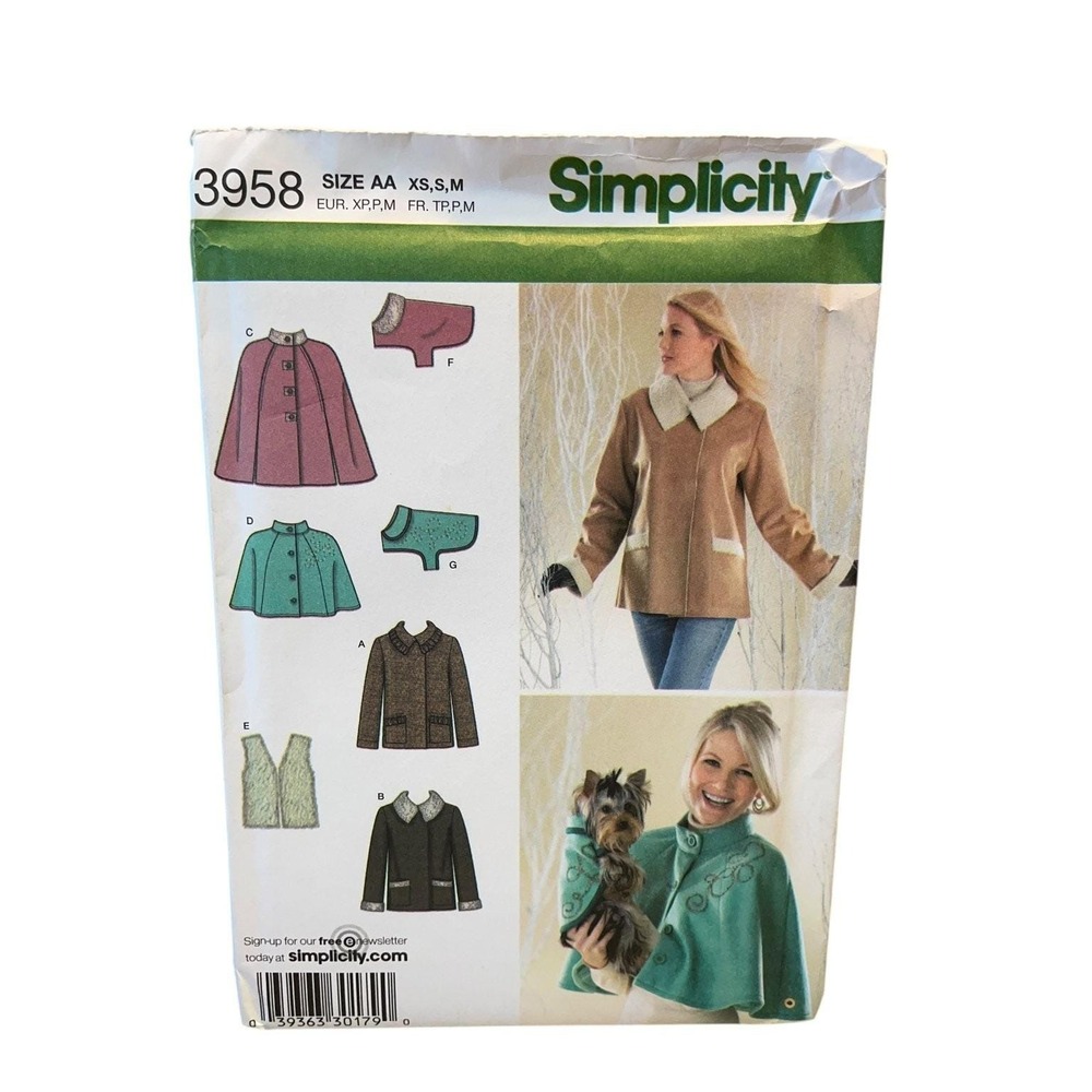Simplicity 3958 Misses' Jacket Capelet Vest Dog Coat XS-M